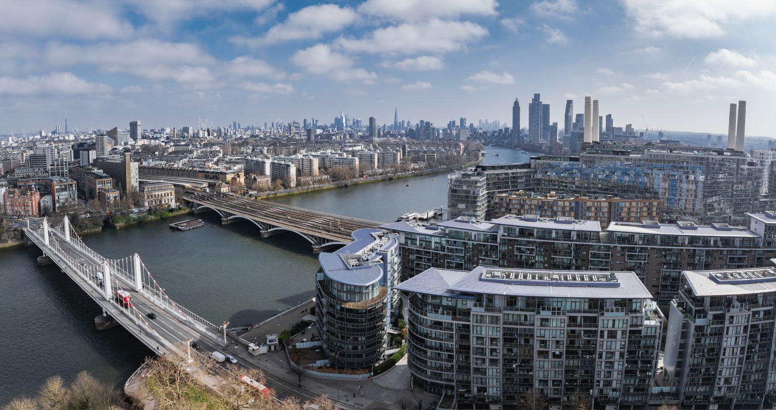 Aerial view over Battersea Power Station and the riverside estate