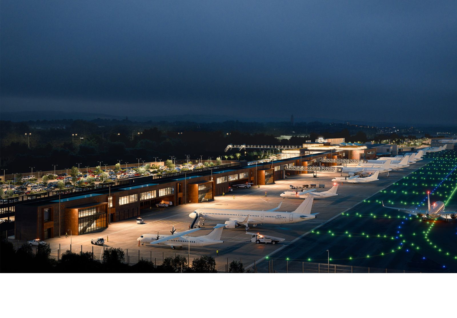 Belfast City Airport terminal and apron at night