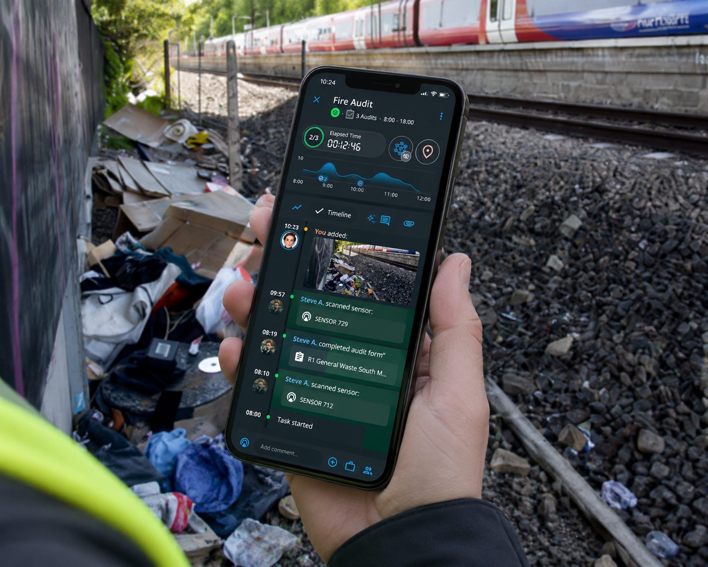 Frontline worker capturing verified incident evidence on mobile at the scene