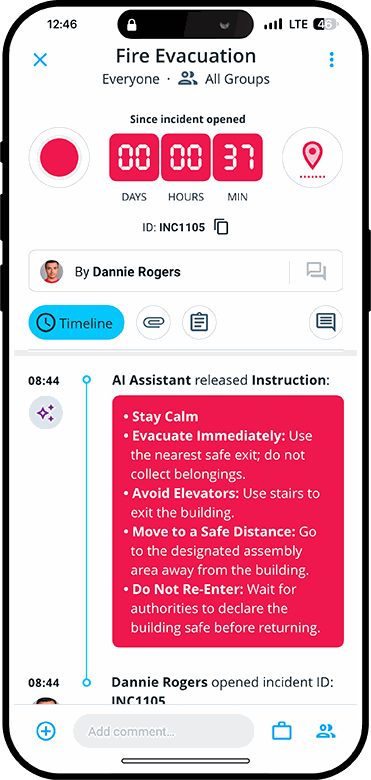 RiskTech mobile app, live incident with AI-assisted instructions